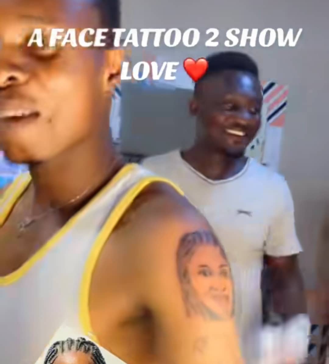 "Chaii, you dey trust woman?" - Knocks as Nigerian man tattoos wife's picture on his arm