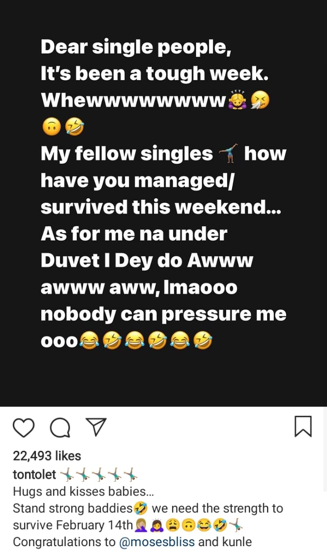 Tonto Dikeh to the singles amid Moses Bliss and Kunle Remi's tie the knot