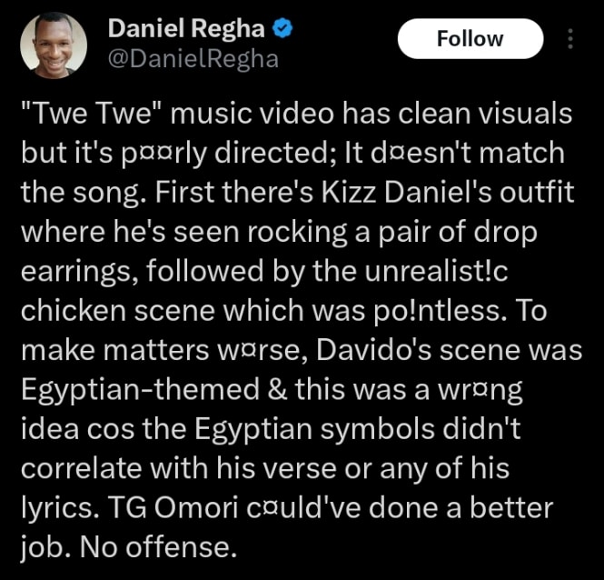 Daniel Regha criticizes Kizz Daniel's latest music video 