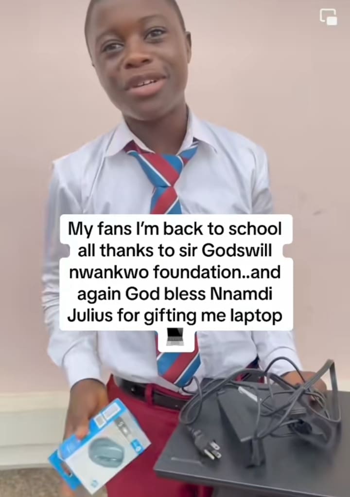 Viral boy who hawks in fine English now back to school as he receives full scholarship, laptop