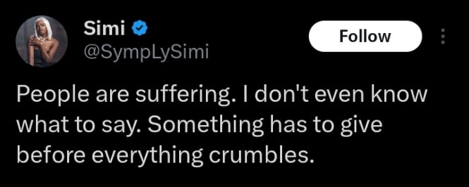 Simi bemoans the suffering of Nigerians
