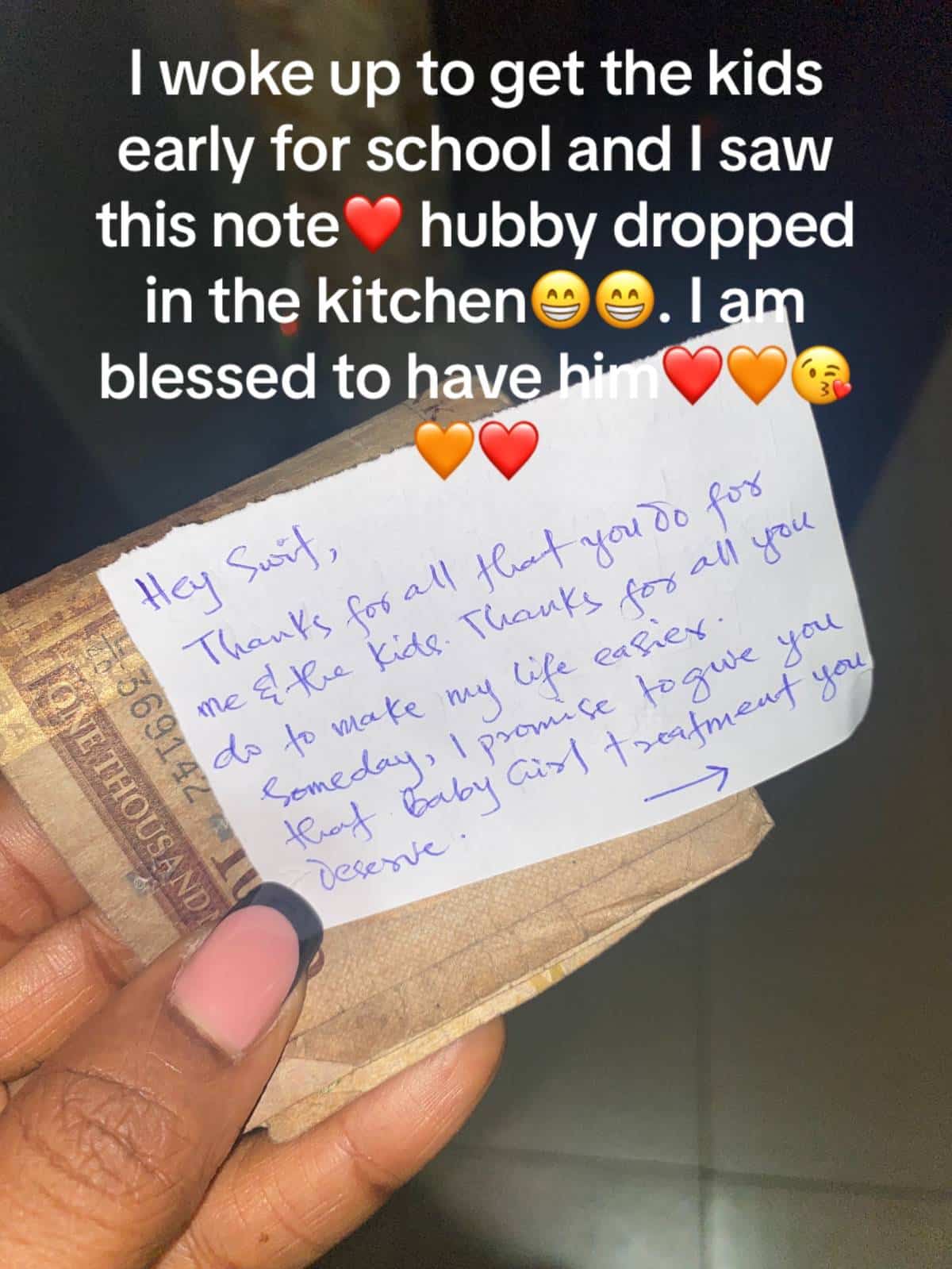 Lady gushes over romantic handwritten note from husband, cash