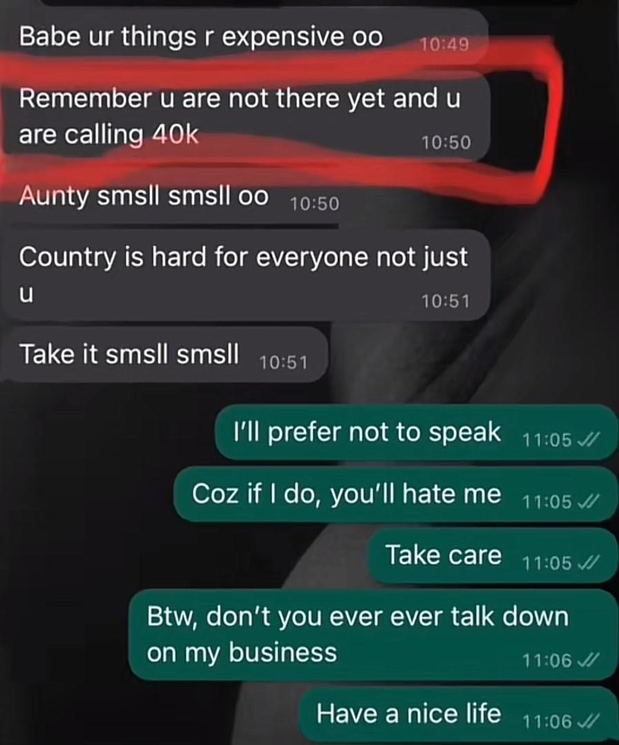 Tailor shares hurtful text from friend who talked down on her business over N40K outfit