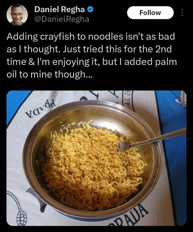 Daniel Regha palm oil and crayfish noodles 