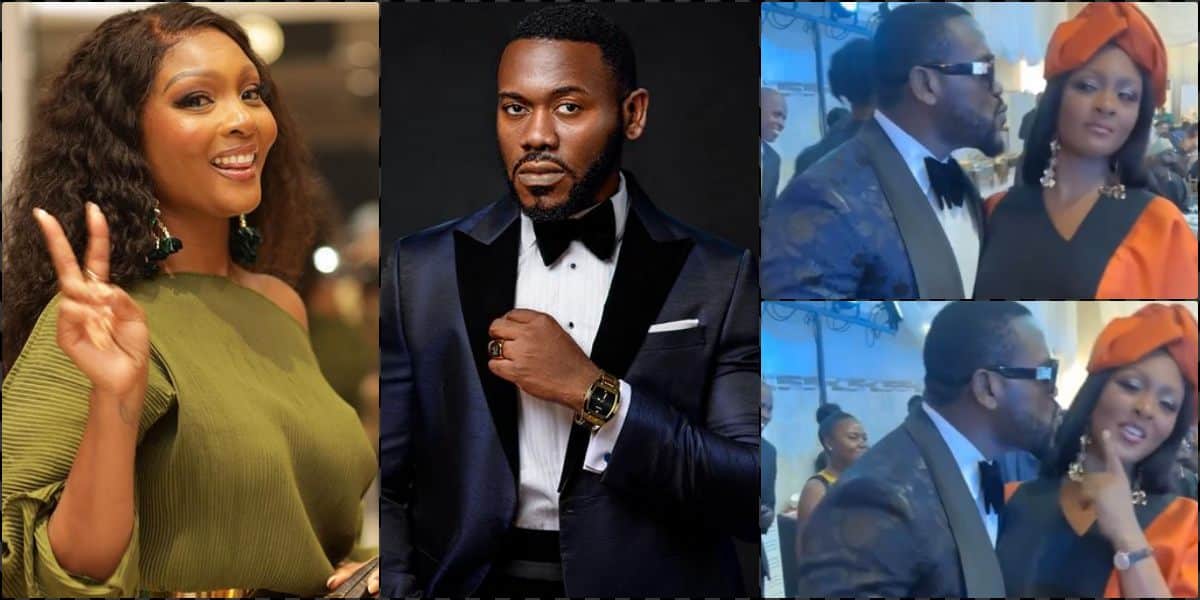 Moment Deyemi Okanlawon tries to kiss Osas Ighodaro at Kunle Remi’s wedding