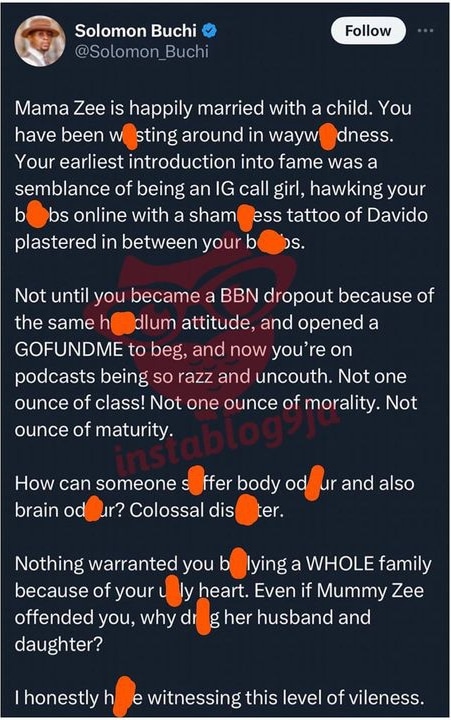 Solomon Buchi tackles Tacha for dragging Mummy Zee