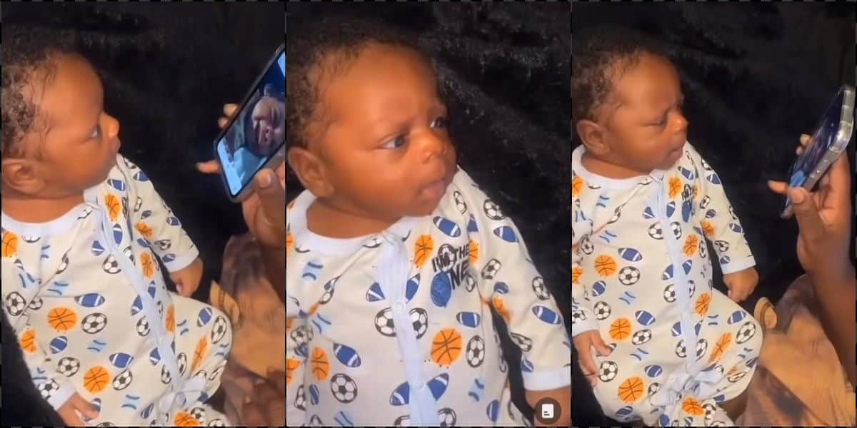 Priceless reaction as baby watches a video of himself crying