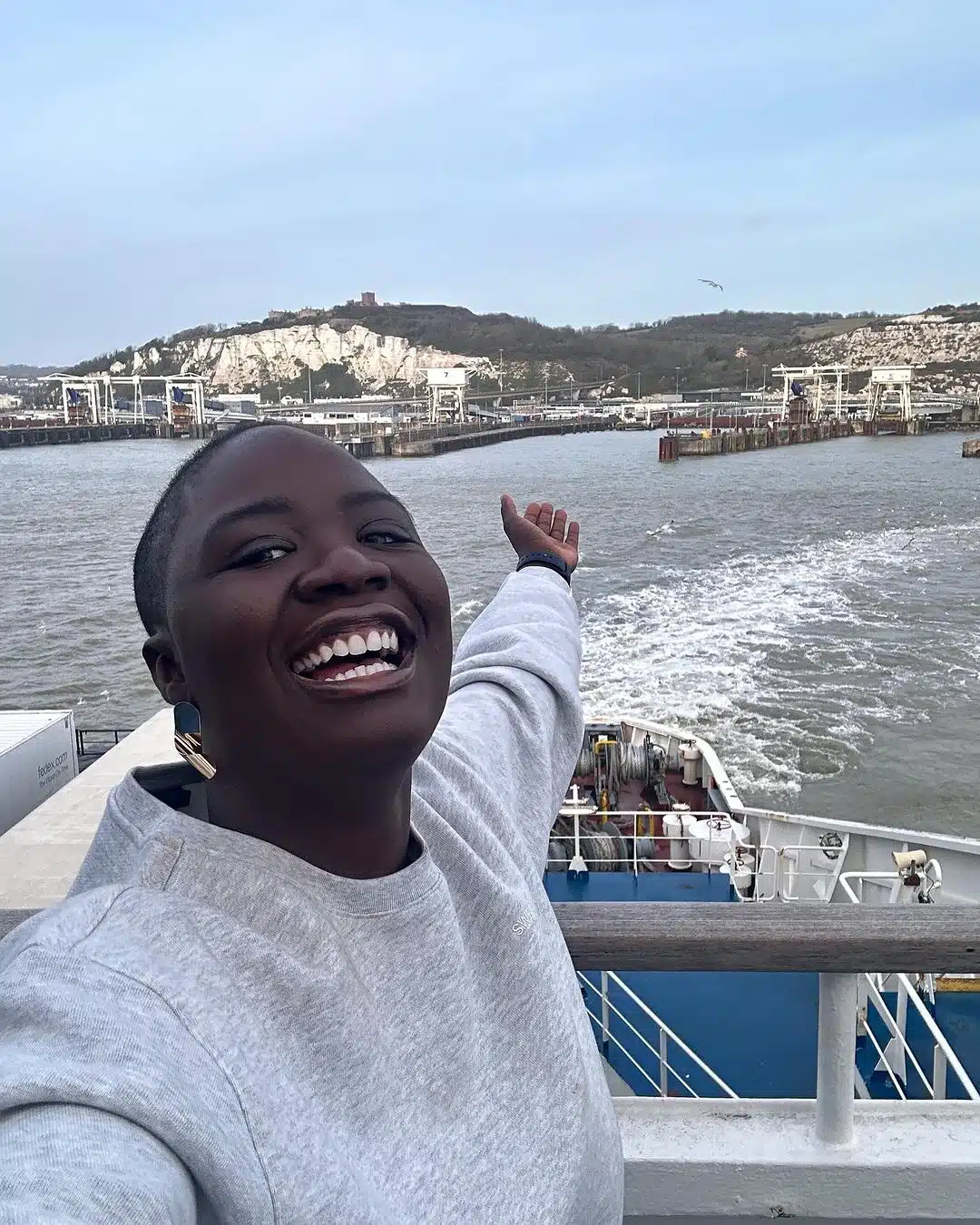"I've entered France" - Lady driving car from London to Lagos ferries across the English Channel 