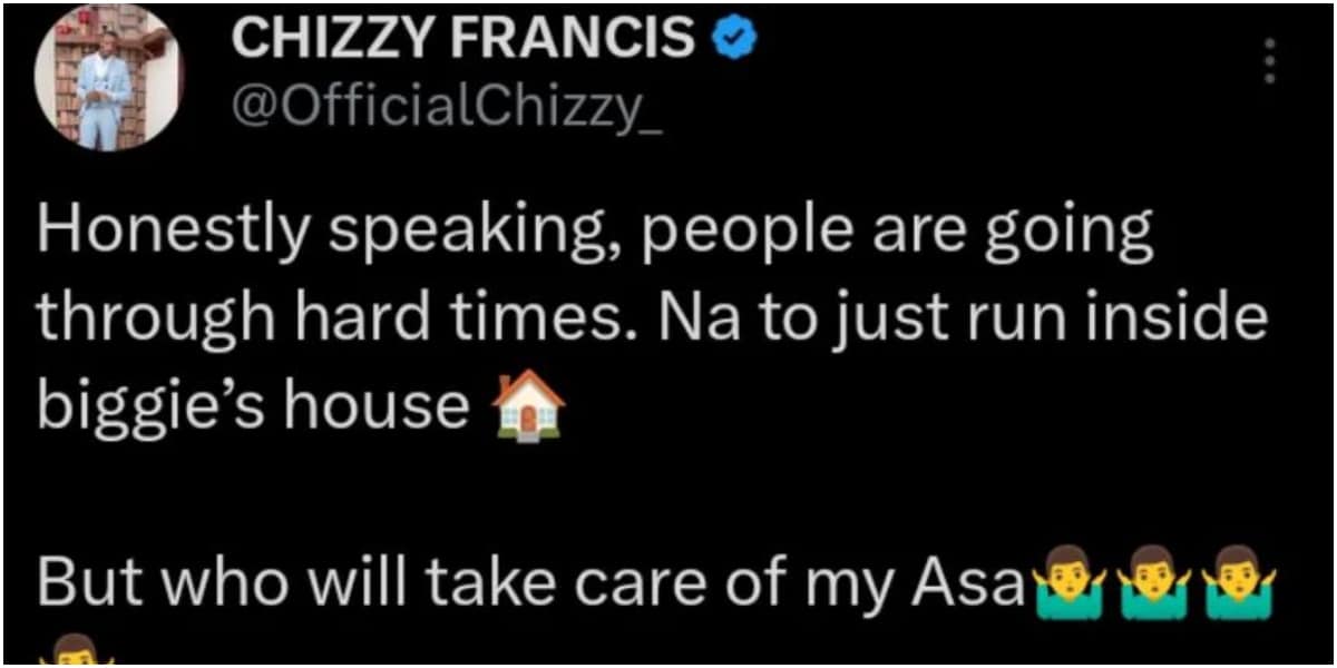 ‘I want to go back to Biggie’s house’ – BBNaija’s Chizzy laments over hardship