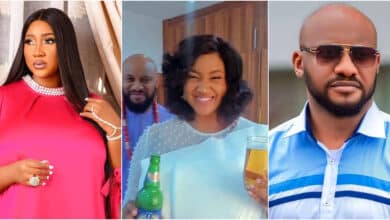 Pastor Yul Edochie and his Mummy G.O Judy Austin celebrate Valentines day with alcoholic beer