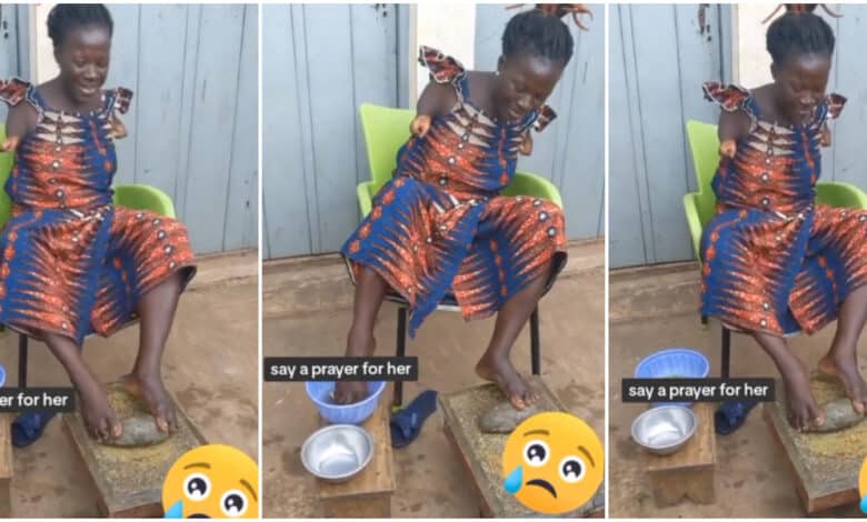 "Forever grateful" - Physically challenged lady stuns many as she uses her legs to grind