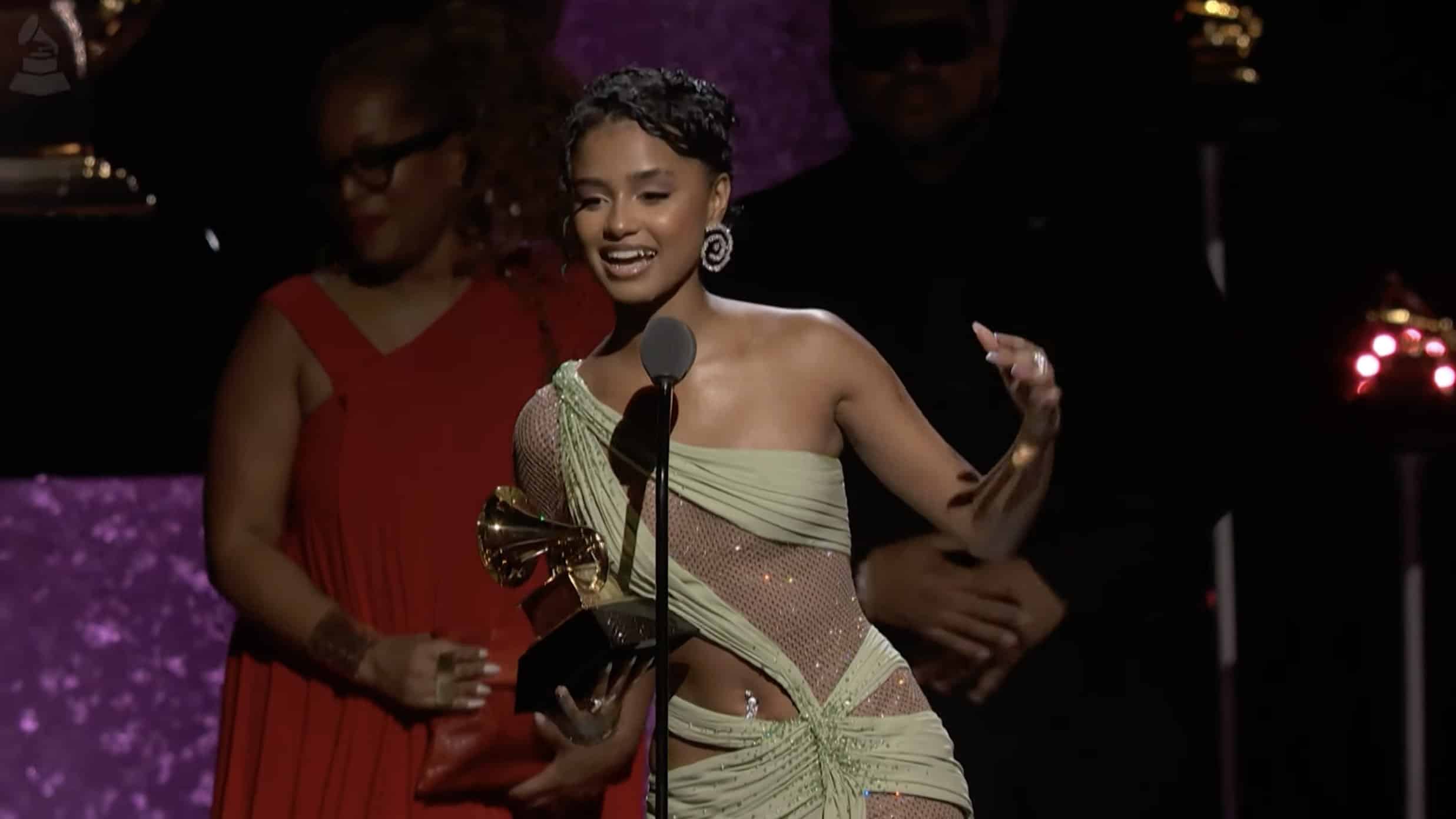 Tyla at the 66th Grammy Awards after winning the Best African Music Performance category.