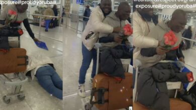 Son father prostrates dad London airport