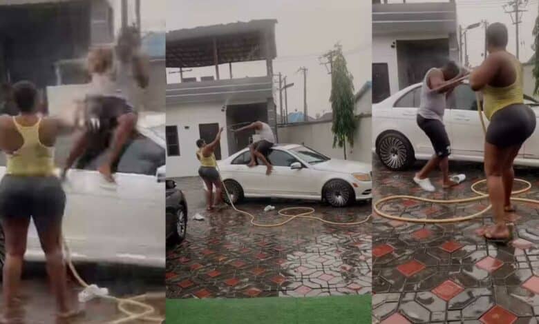 Little girl parents playing rain