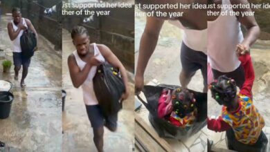 "You for explain tire if police catch you" – Man carries little daughter in nylon bag to protect her from rain