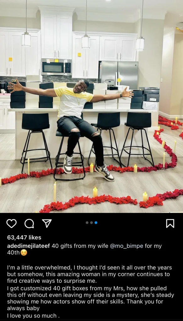 Adedimeji Lateef positively shocked as he receives 40 gifts from wife on his 40th birthday 