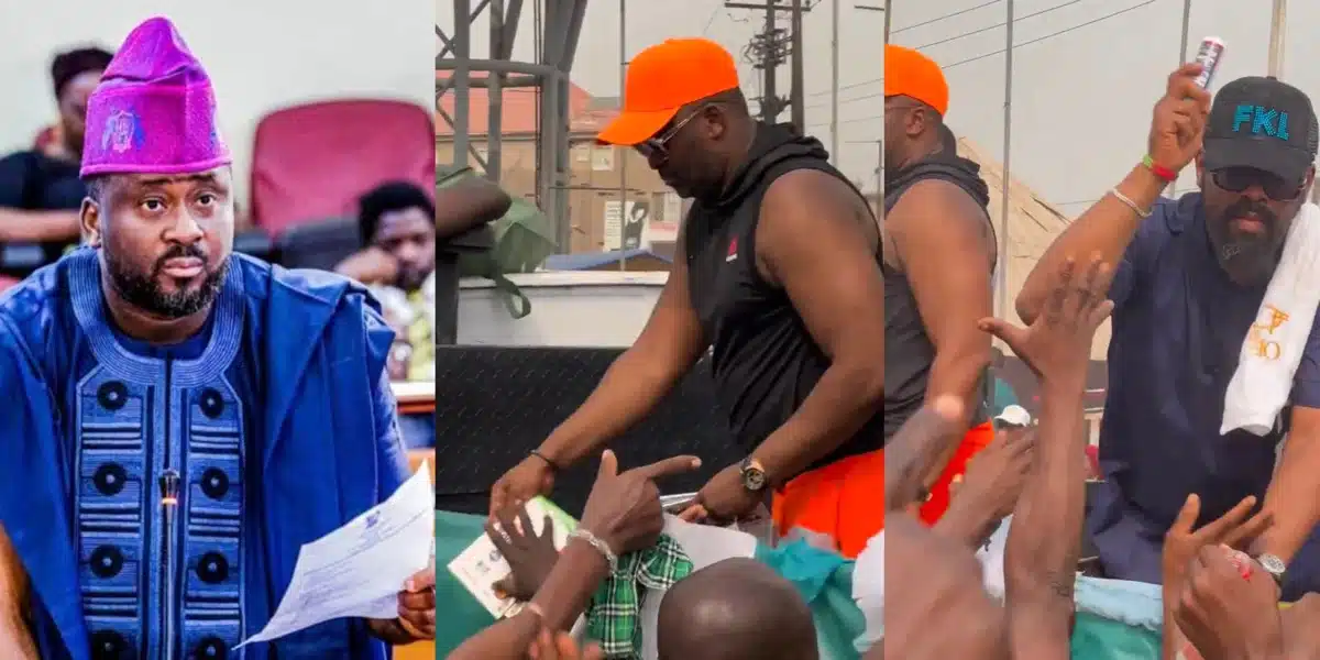 “People dey hungry una dey share perfume” — Netizens rage as Desmond Elliot shares perfume on the streets of Lagos
