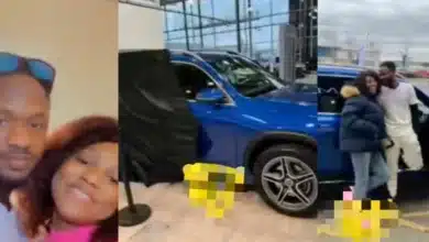 “Na man wey submissive we go buy car for” — Reactions as UK based Nigerian nurse surprise husband with brand new Benz