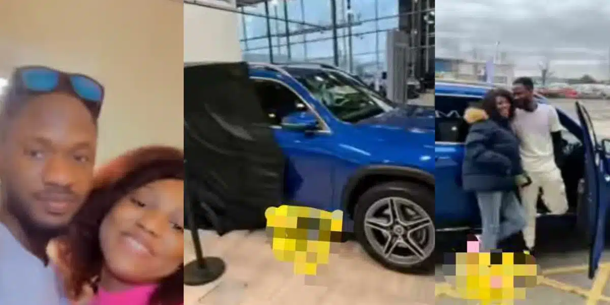“Na man wey submissive we go buy car for” — Reactions as UK based Nigerian nurse surprise husband with brand new Benz