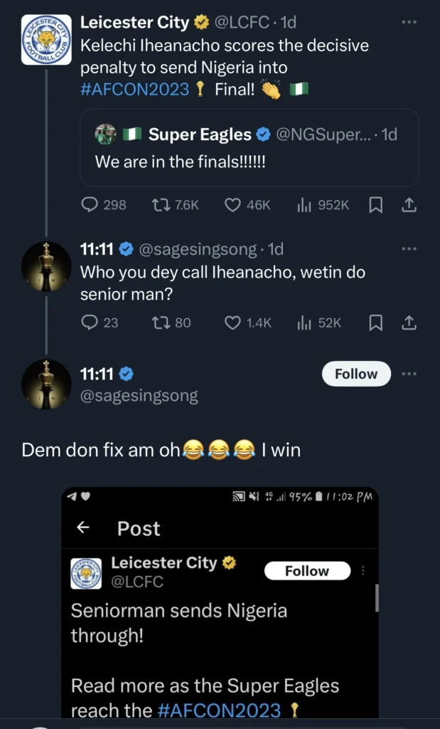 “Wetin do seniorman” — Twitter user corrects Leicester City on how to address Kelechi Iheanacho properly 