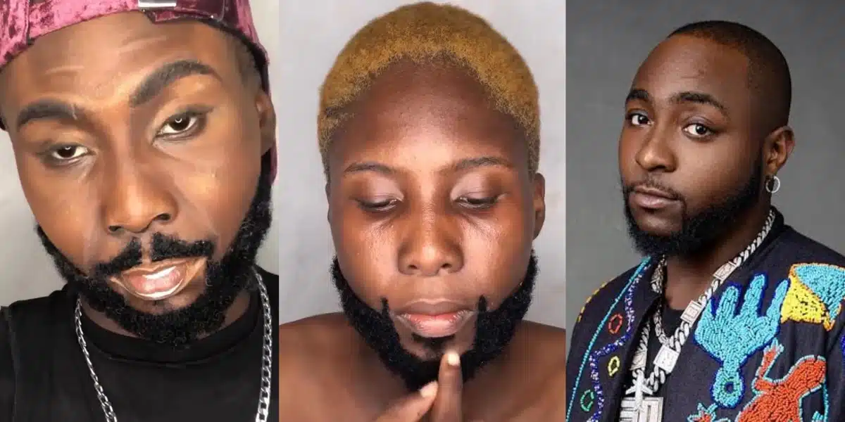 Lady turn heads as she skillfully uses makeup to recreate Davido’s looks
