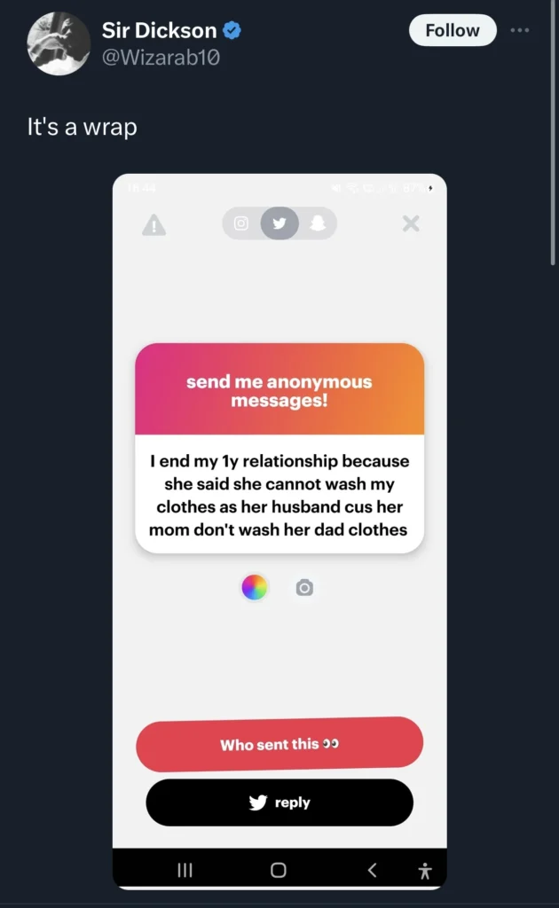 Man ends 1 year relationship as girlfriend refuses to wash his clothes 