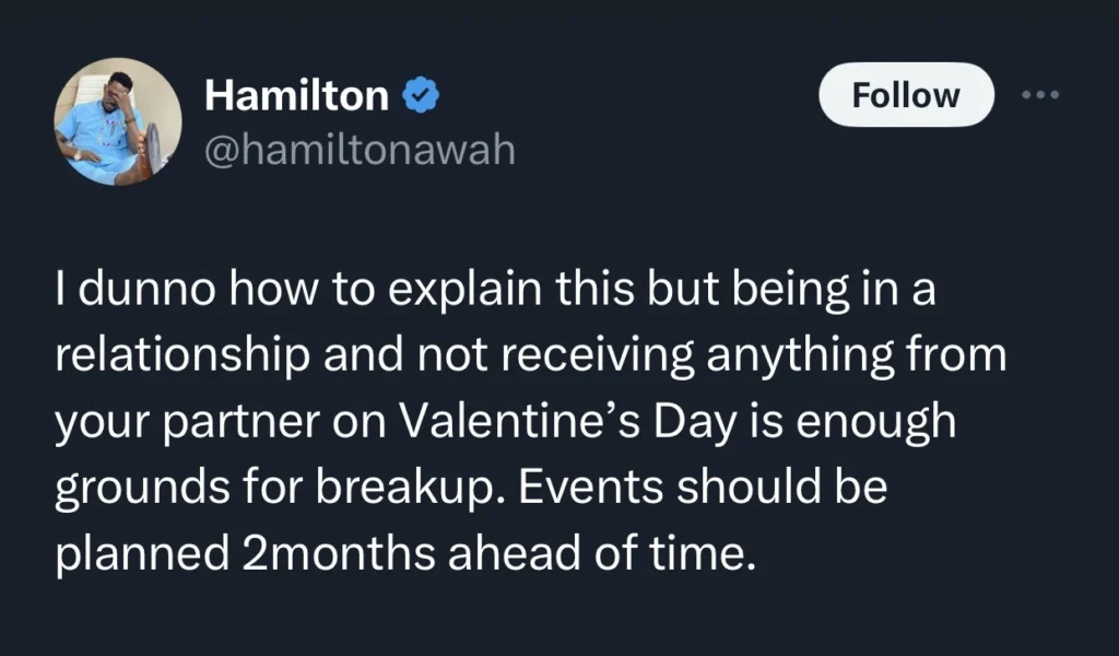 “Being in a relationship and not receiving gifts on Valentine’s Day is grounds for breakup” — Fashion designer says