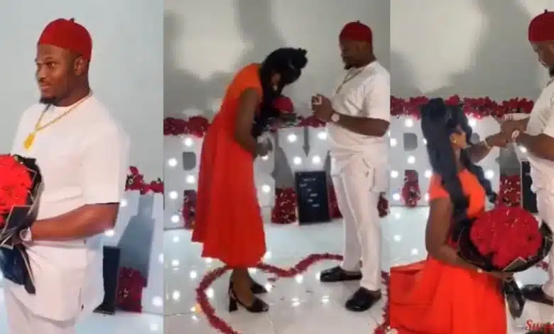 “She’s so respectful” — Reactions as lady kneels to accepts her millionaire boyfriend’s proposal