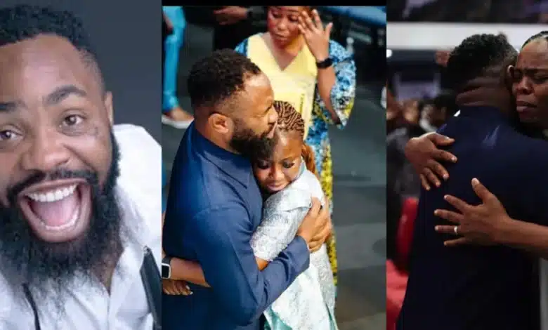 “From comedy pastor to real pastor, dey play” —Netizens drag Woli Arole for hugging women during deliverance session