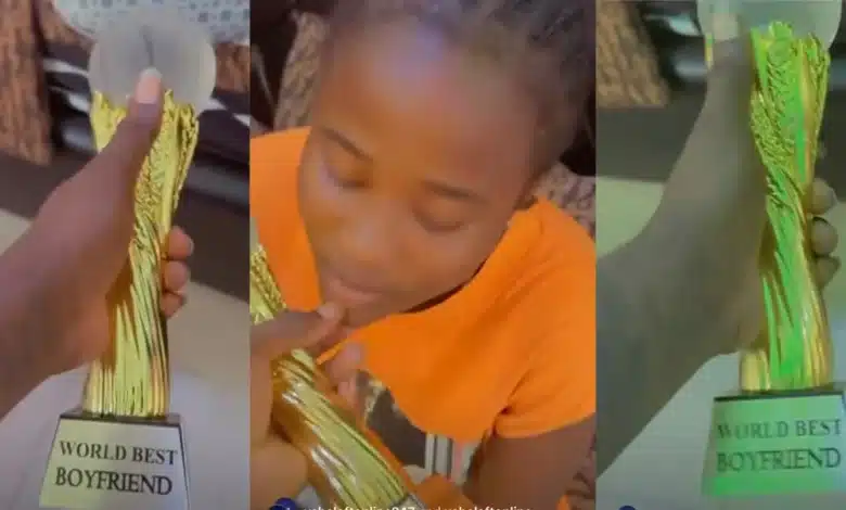 “The award even fine pass AFCON trophy” — Lady gifts her boyfriend a trophy for being the best