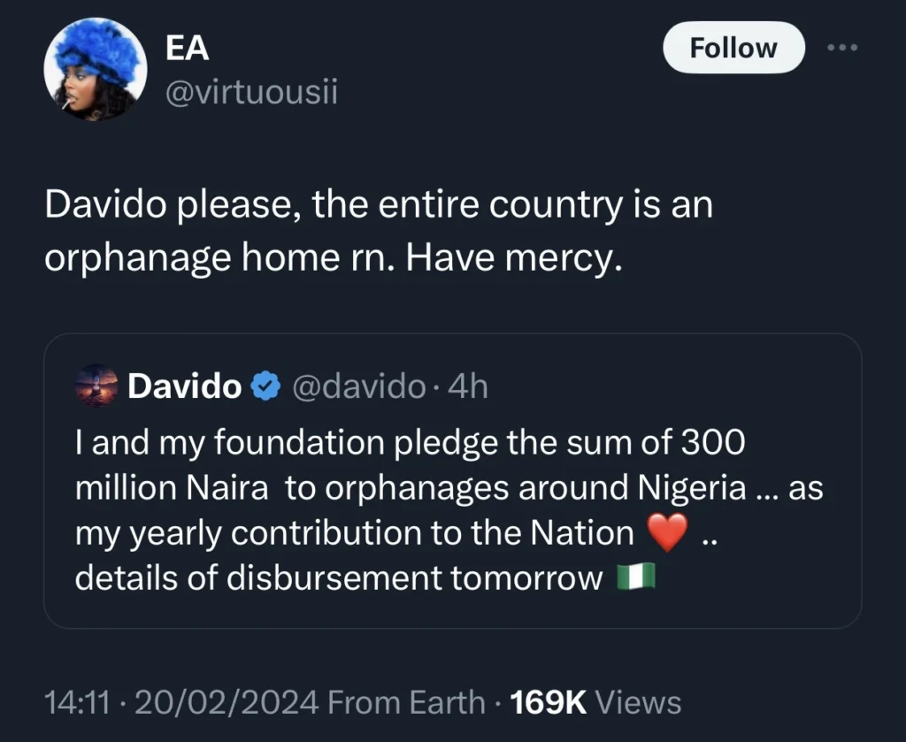 “The entire country is an orphanage home now” — Nigerian citizens beg Davido for alms 