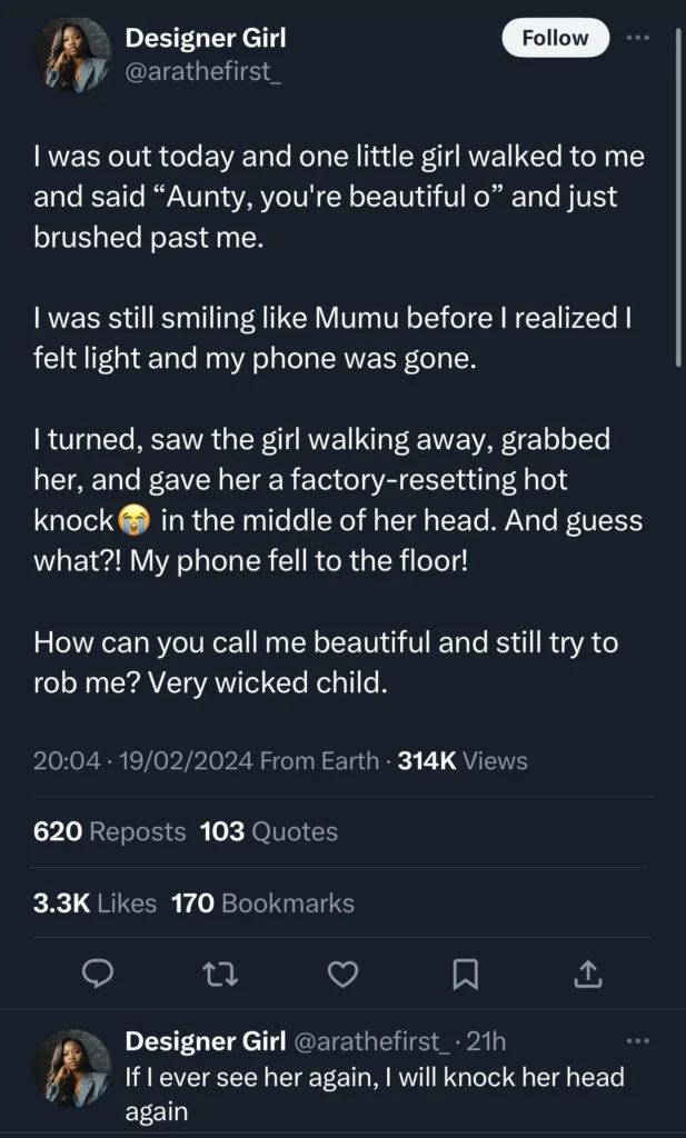“… I was still smiling like Mumu before I realized I felt light and my phone was gone…” — Beautiful lady shares how little girl complimented her and stole her phone 