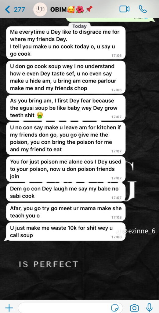 “You for just poison me alone because I dey used to am, you con bring am for my friends too ” — Man lambasts girlfriend over poorly cooked egusi 