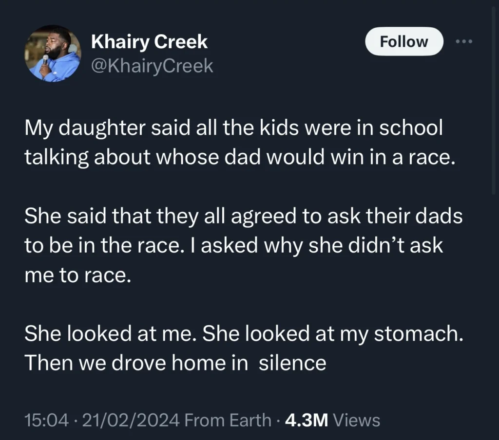 “She looked at me, then looked at my stomach” — Father shares reason his daughter did not ask him to participate in dads race 