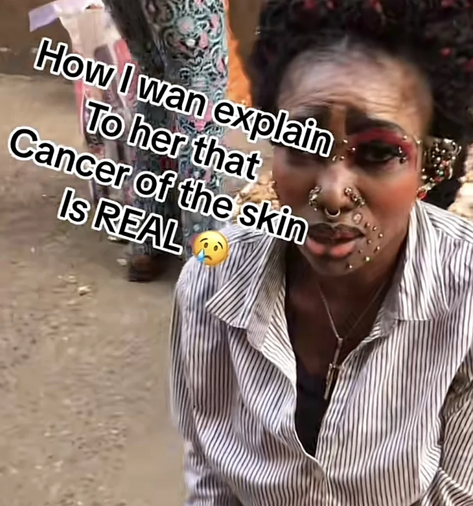 “How I wan explain to her that skin cancer is real” — Lady confused as she sees market woman with multiple piercings 