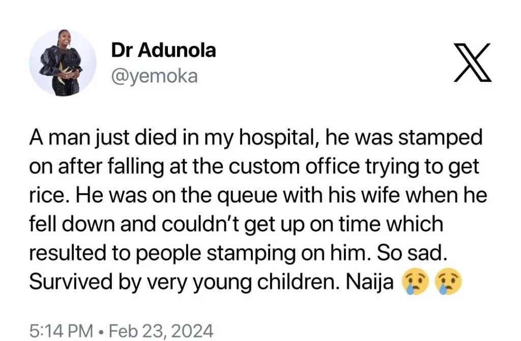 Medical doctor shares heartbreaking story of man stamped to death while hustling for N10k rice 