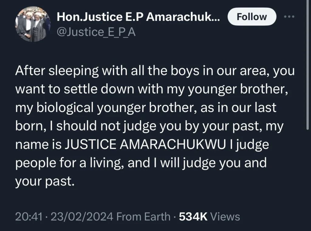 “I will judge you and your past” — Female judge rants as promiscuous woman tries to settle down with her youngest brother