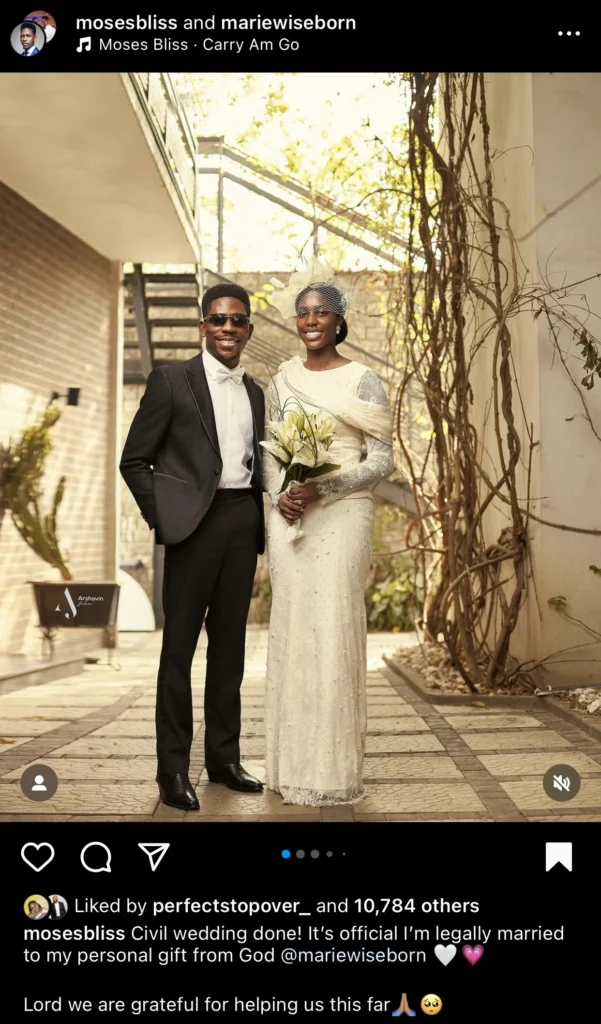 “Civil wedding done” — Moses Bliss celebrates as he gets legally married to Marie Wiseborn 