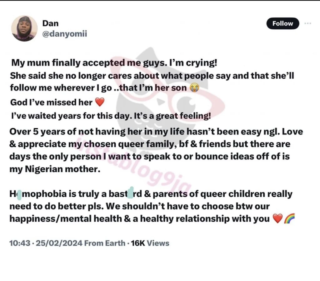 “I don’t care what people say anymore” — Nigerian gay man rejoice as his mother finally accepts his sexuality 