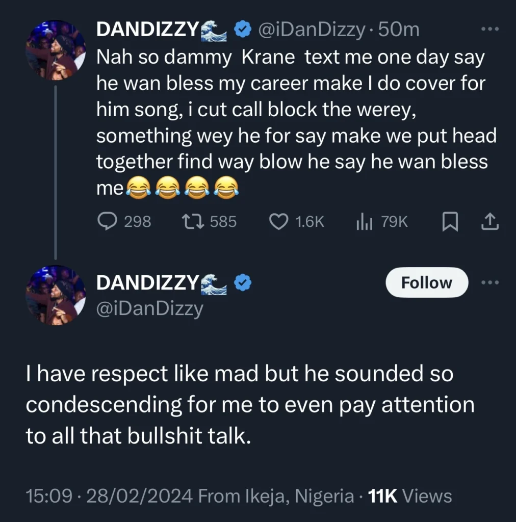 “Nah so Dammy Krane text me one day say he wan bless my career, I cut call block am” — Dandizzy shares experience with Industry pavers