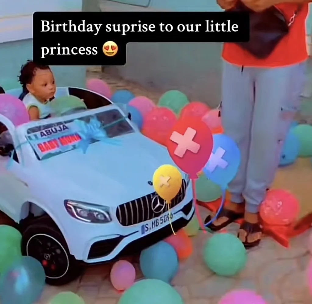 “Small pikin don first me buy car” — Reactions as parents surprise their baby girl with new car
