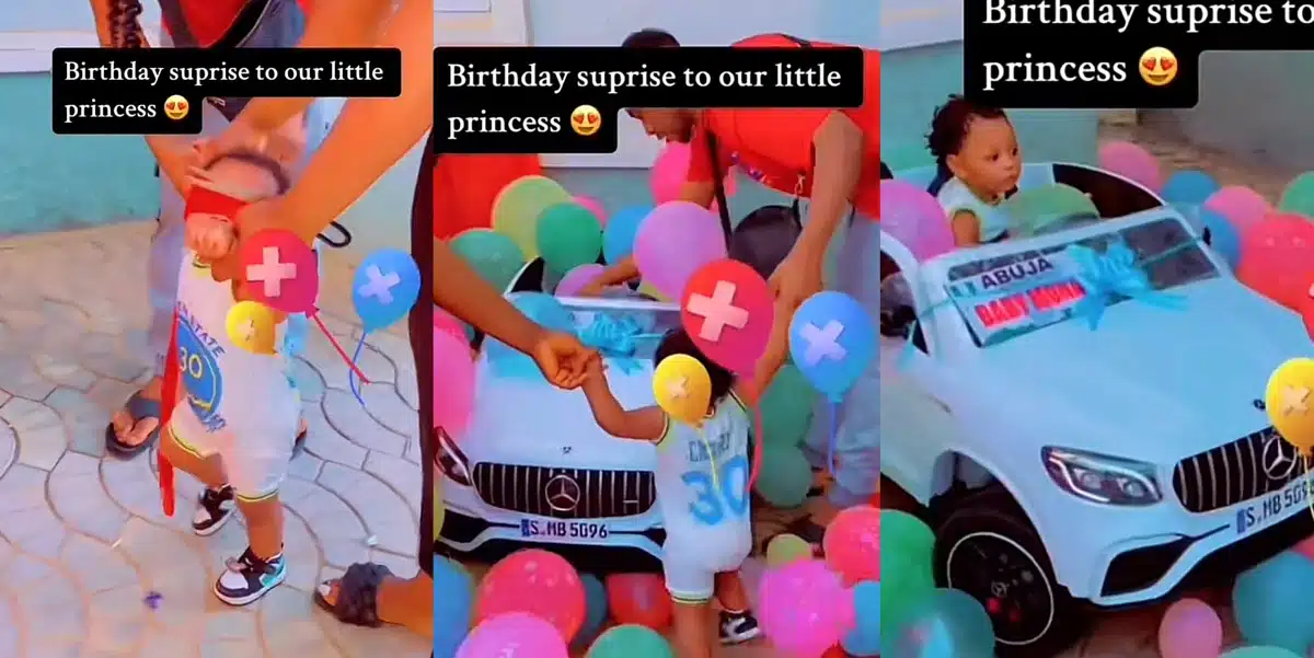“Small pikin don first me buy car” — Reactions as parents surprise their baby girl with new car