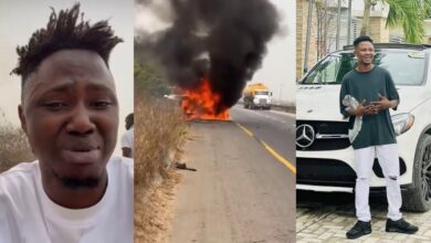 "Help me, my car has burnt" - TikTok influencer, Oloba Salo in tears as multi-million naira car engulfs in flames
