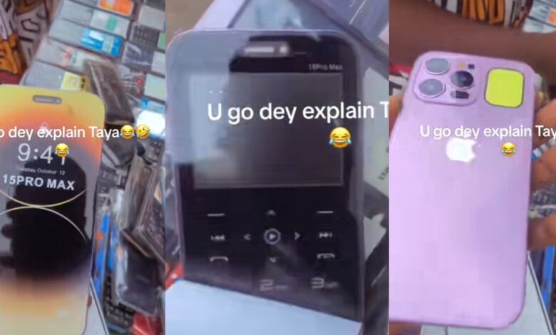 "At least, you can take chop village girls" - Social media buzz as man exposes fake iPhone 15 Pro Max at local market