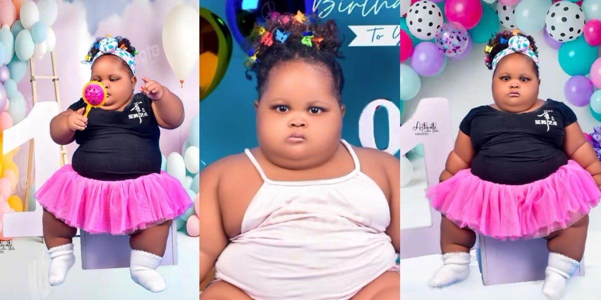 "To born no con hungry me" - Social media erupts as beautiful chubby girl stuns in one-year-old birthday photoshoot