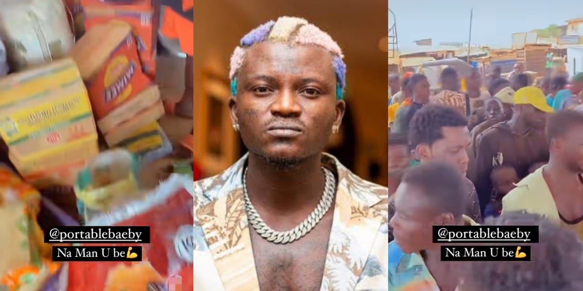 "Zazu dey, hunger no dey" - Portable shares rice, spaghetti, semovita, noodles, etc. with residents amid hardship