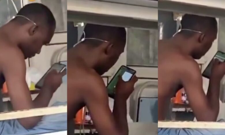 "No excuse for failure" – Funny video shows moment man was spotted playing bet while on oxygen in the hospital