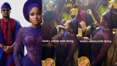 "She's a baller" – Veekee James sprays money on her husband on their wedding day