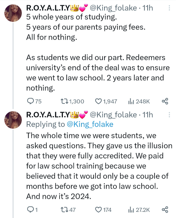 Ex-student calls out Redeemer's University over inability to secure jobs, attends law school due to accreditation issues