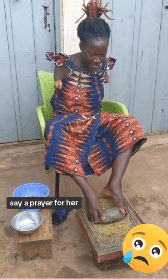 "Forever grateful" - Physically challenged lady stuns many as she uses her legs to grind